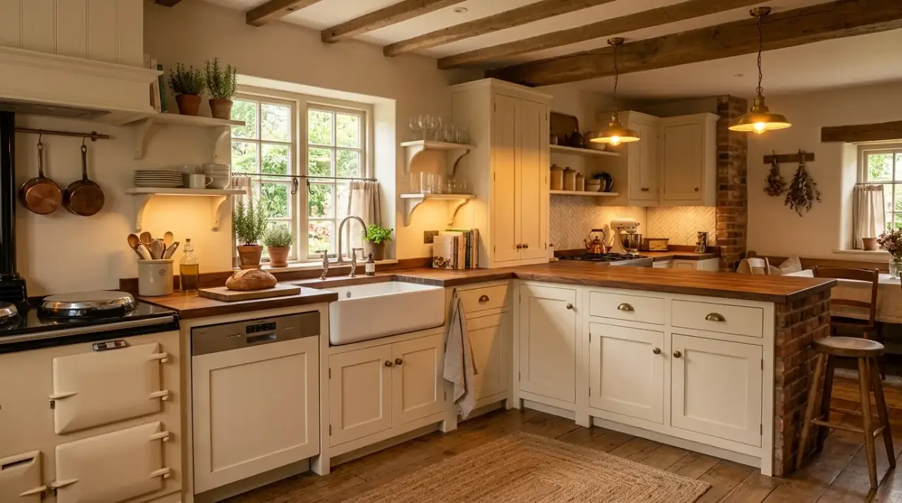 Soft palette L-shaped kitchen. Unified finishes helping the angled kitchen layout feel calmer and more open.