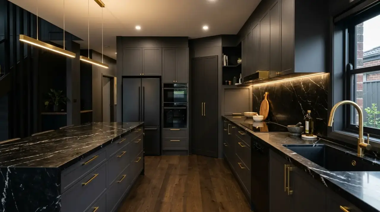 Tall cabinets in L-shaped kitchen. Better placement of full-height units preserving flow in an angled kitchen.