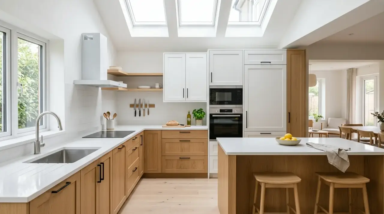 Open L-shaped kitchen transition. Thoughtful connection between kitchen and nearby living areas improving flow.