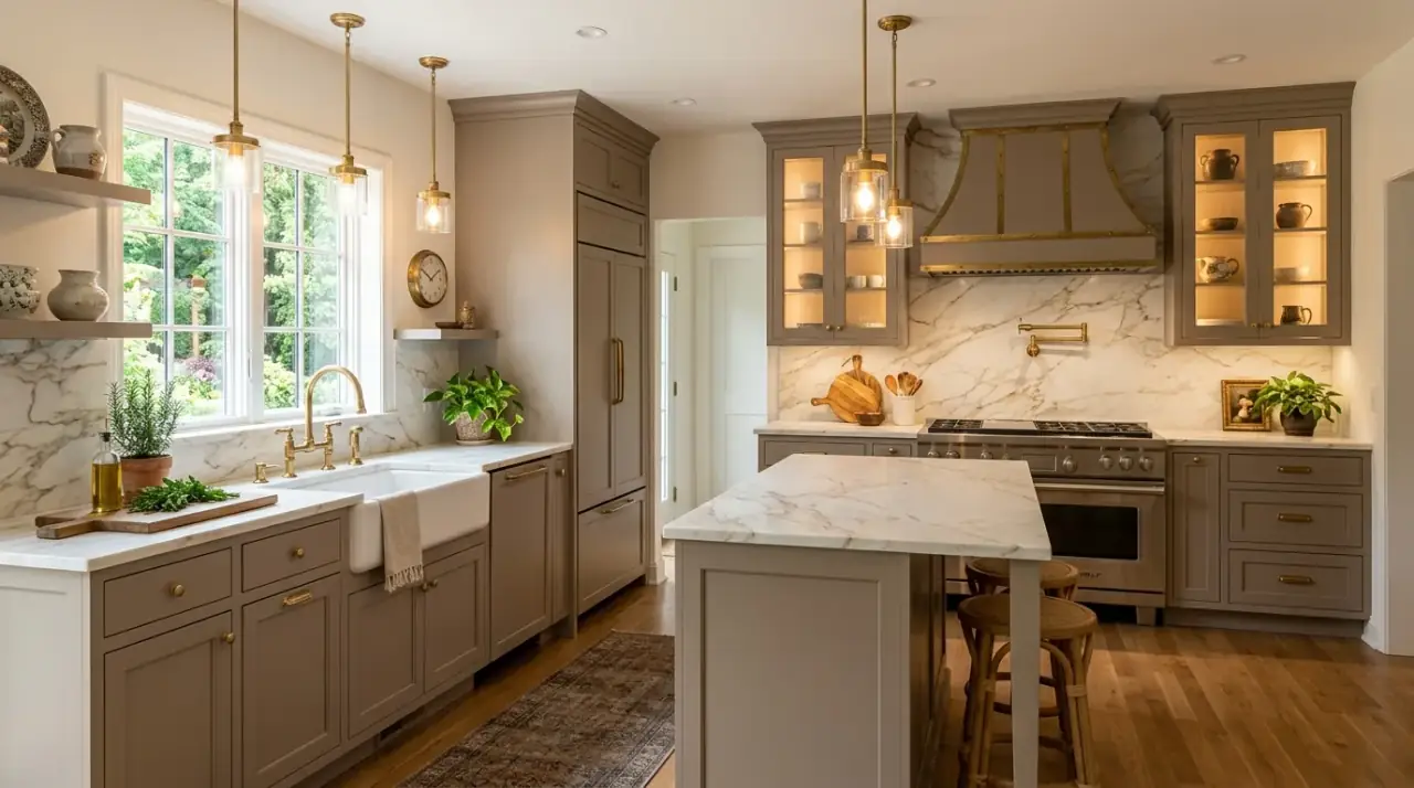 L-shaped kitchen overview. Efficient angled kitchen design balancing function, openness, and everyday comfort.