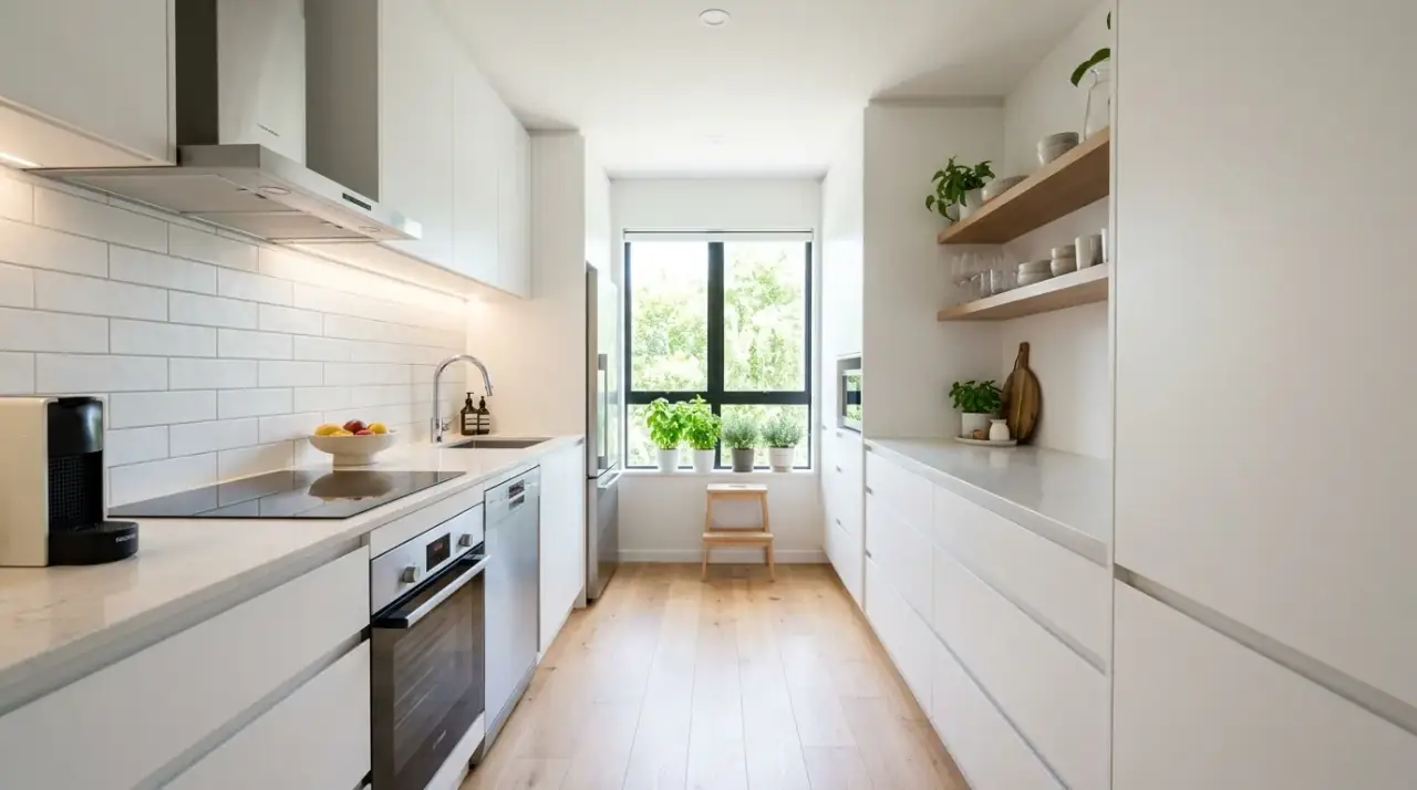 Efficient small kitchen layout with smart zoning, compact storage, and bright everyday function.