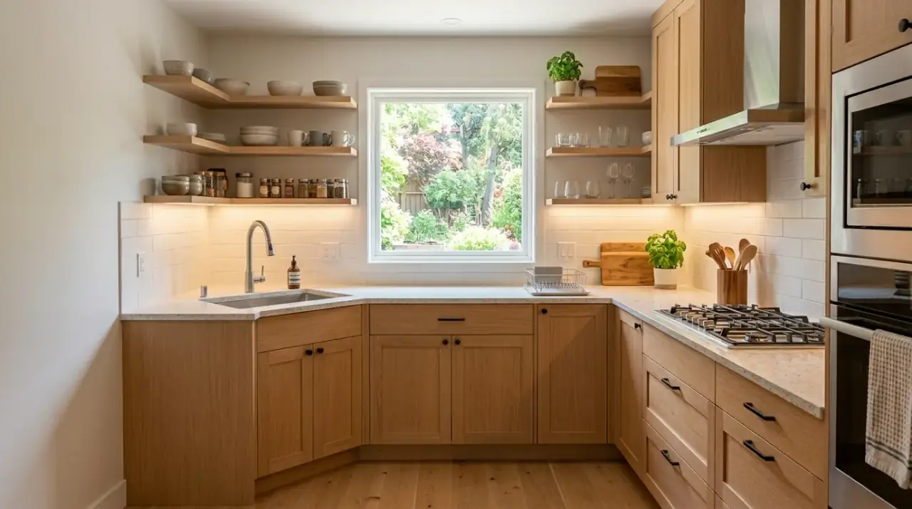 Galley small kitchen layout. Narrow kitchen plan with improved circulation and compact efficiency.