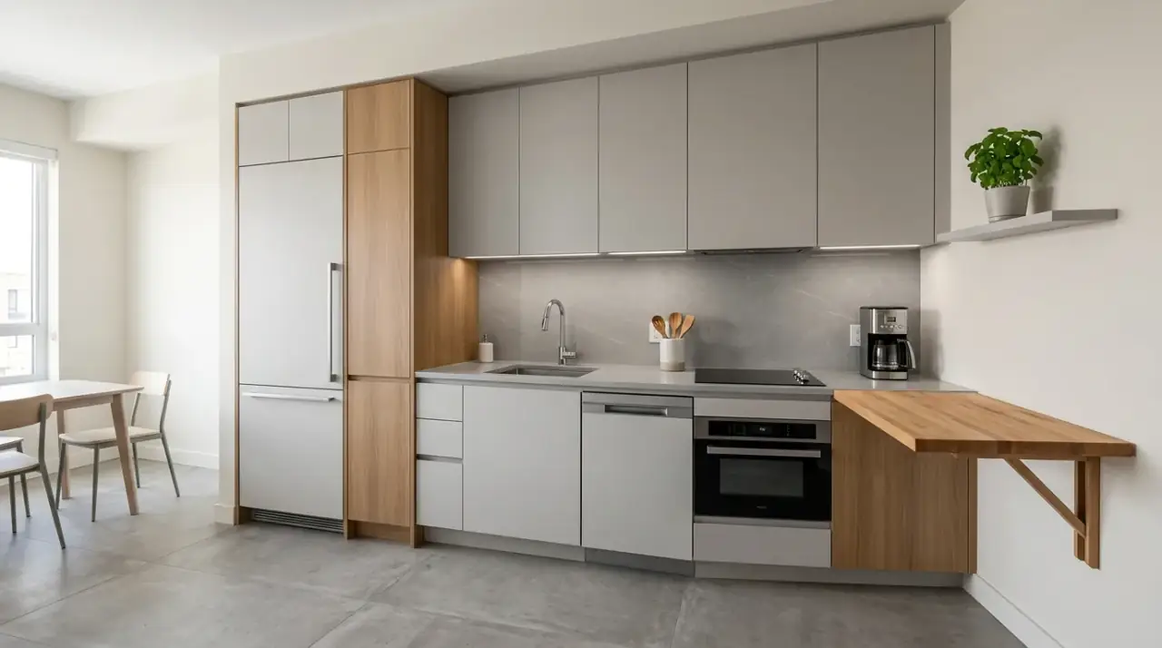 L-shaped compact kitchen. Open-corner kitchen layout improving flexibility in a small room.