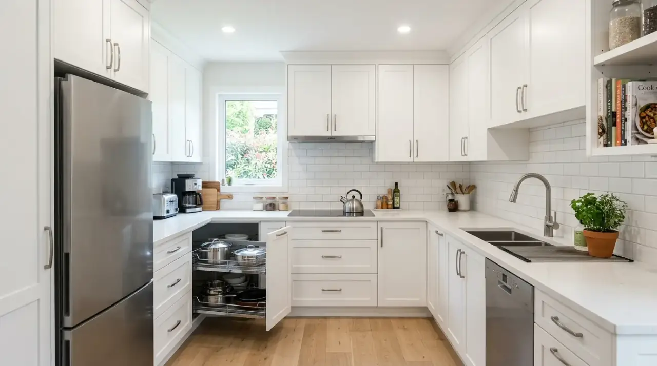 U-shaped small kitchen. Compact three-sided kitchen layout with close-at-hand work zones.