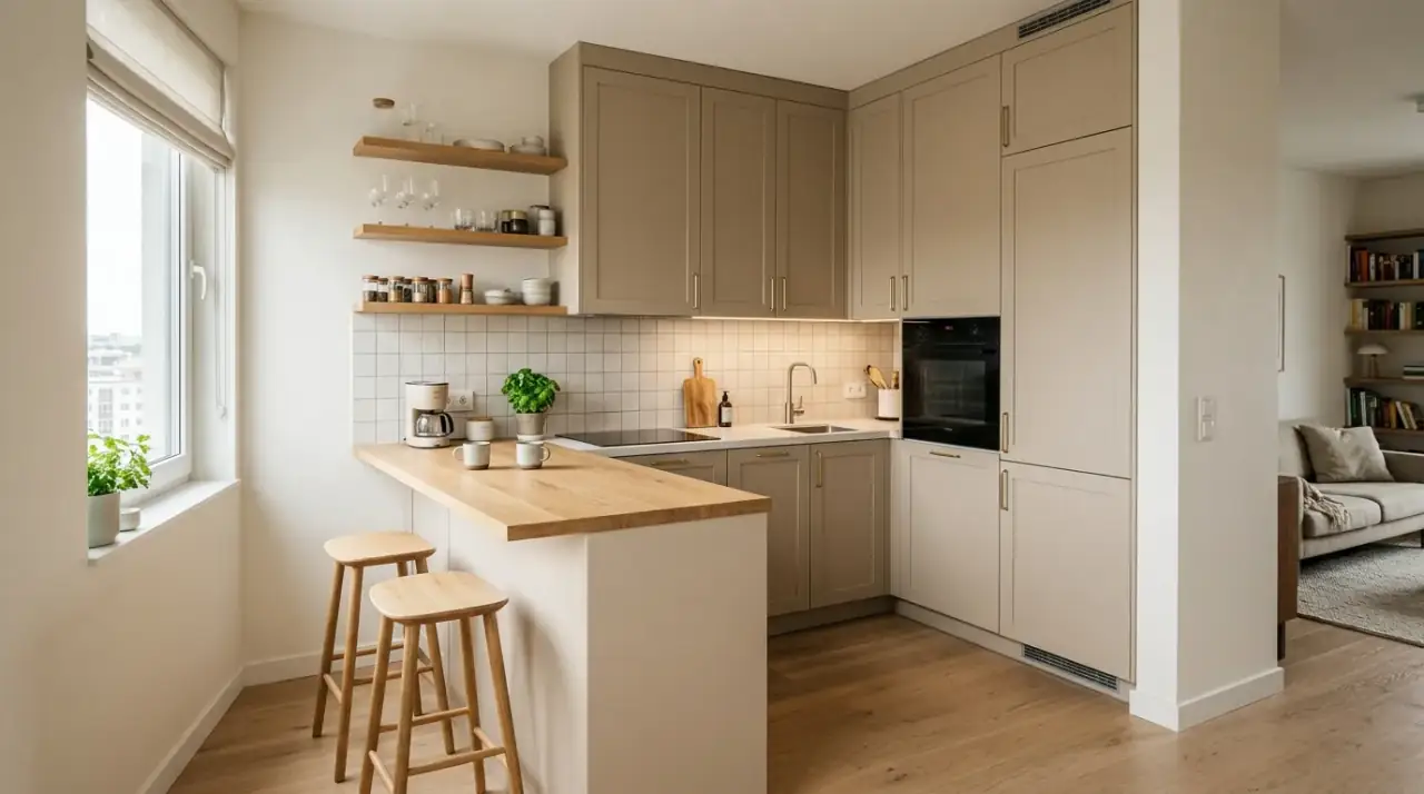 Peninsula small kitchen. Space-smart peninsula layout adding prep room and light separation.