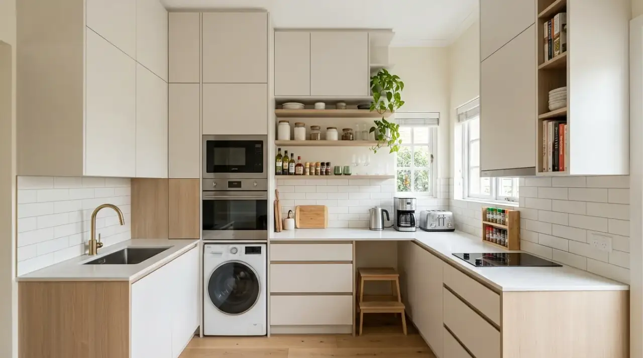 Prep-focused small kitchen layout. Compact kitchen plan with a clear work zone between sink and cooktop.