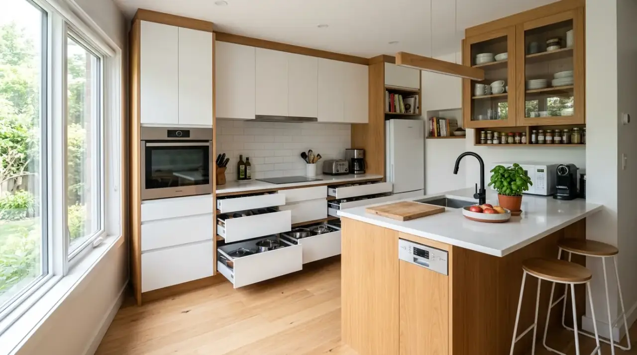 Slim island cart kitchen. Flexible small-kitchen island adding mobile prep and storage space.