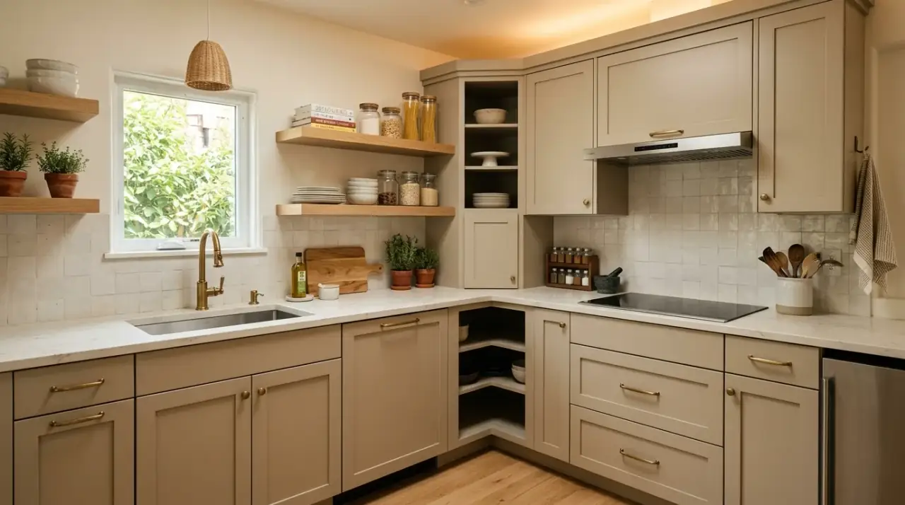 Banquette in small kitchen. Built-in seating preserving floor space in a compact kitchen layout.
