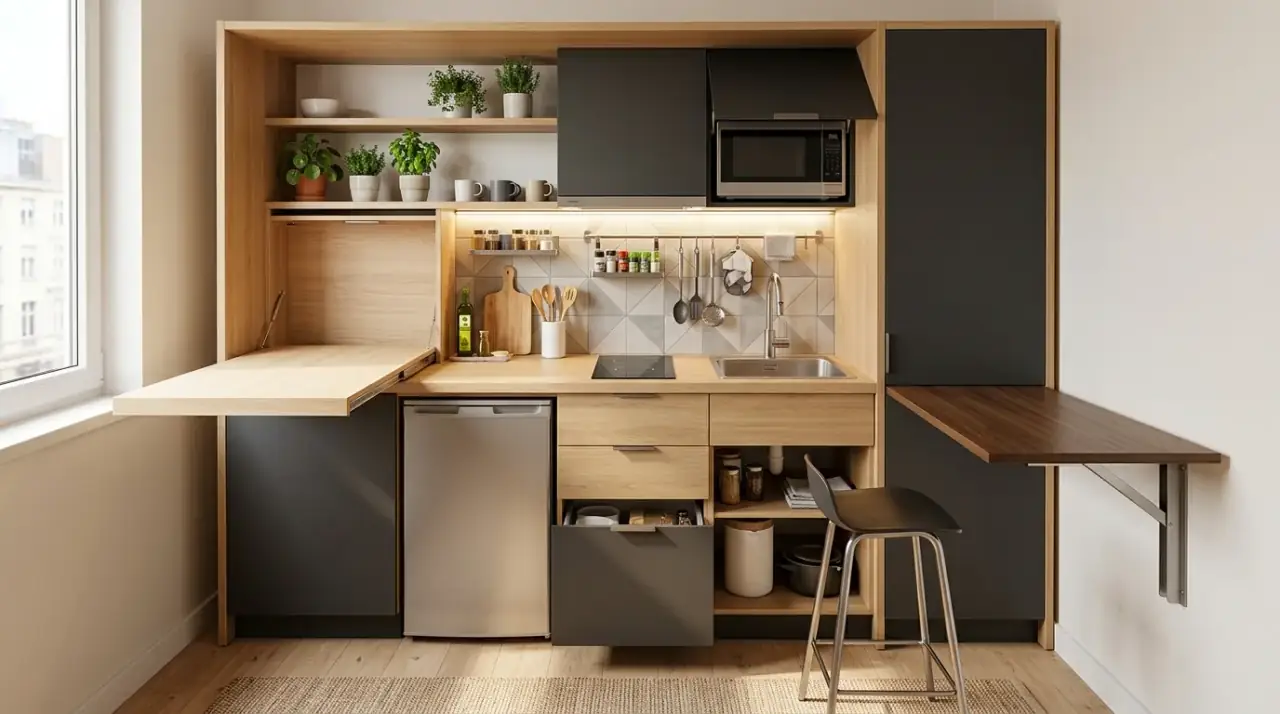 Tall pantry wall small kitchen. Vertical storage wall improving organization in a compact kitchen.