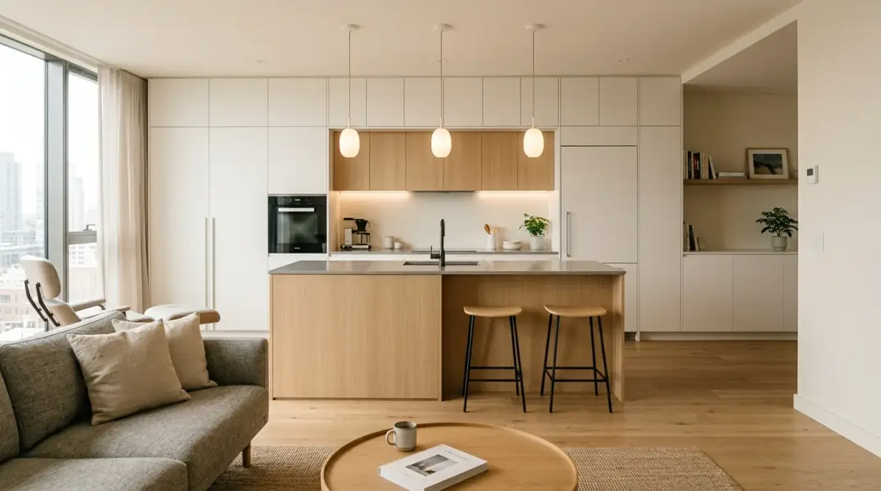 Small kitchen appliance niche. Dedicated appliance zone keeping counters clearer in a compact layout.