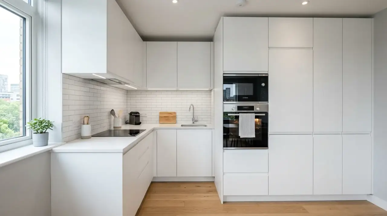 Shelves in small kitchen layout. Balanced open shelving helping a compact kitchen feel lighter.
