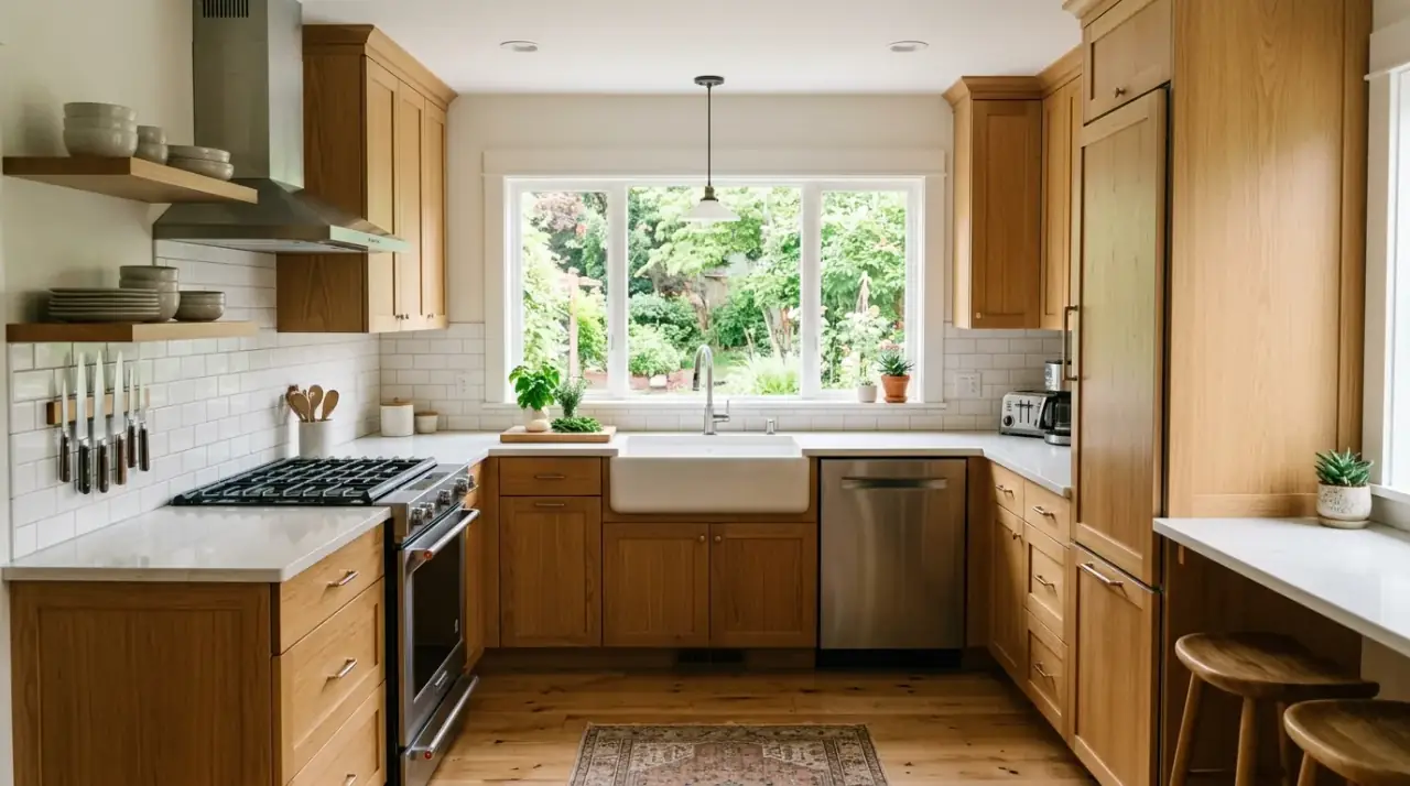 Pocket pantry small kitchen. Sliding-door storage improving access in a tight kitchen layout.