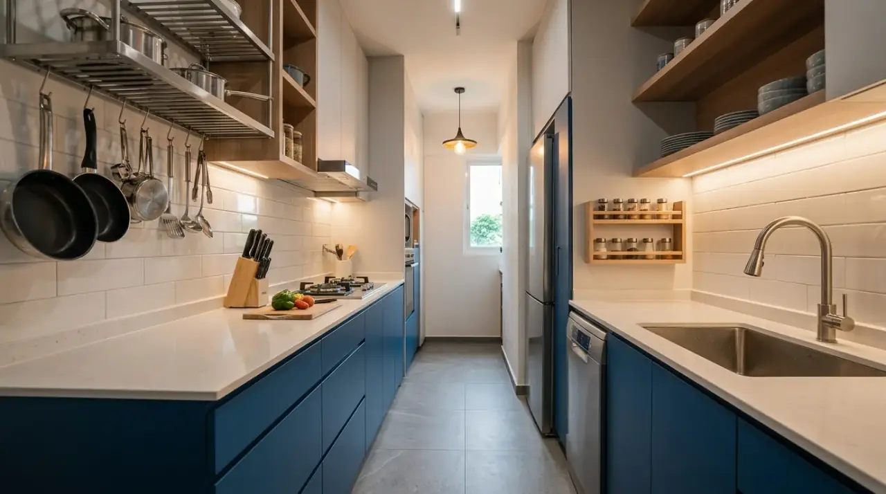 Small kitchen layout overview. Efficient compact kitchen planned around daily flow, storage, and comfort.