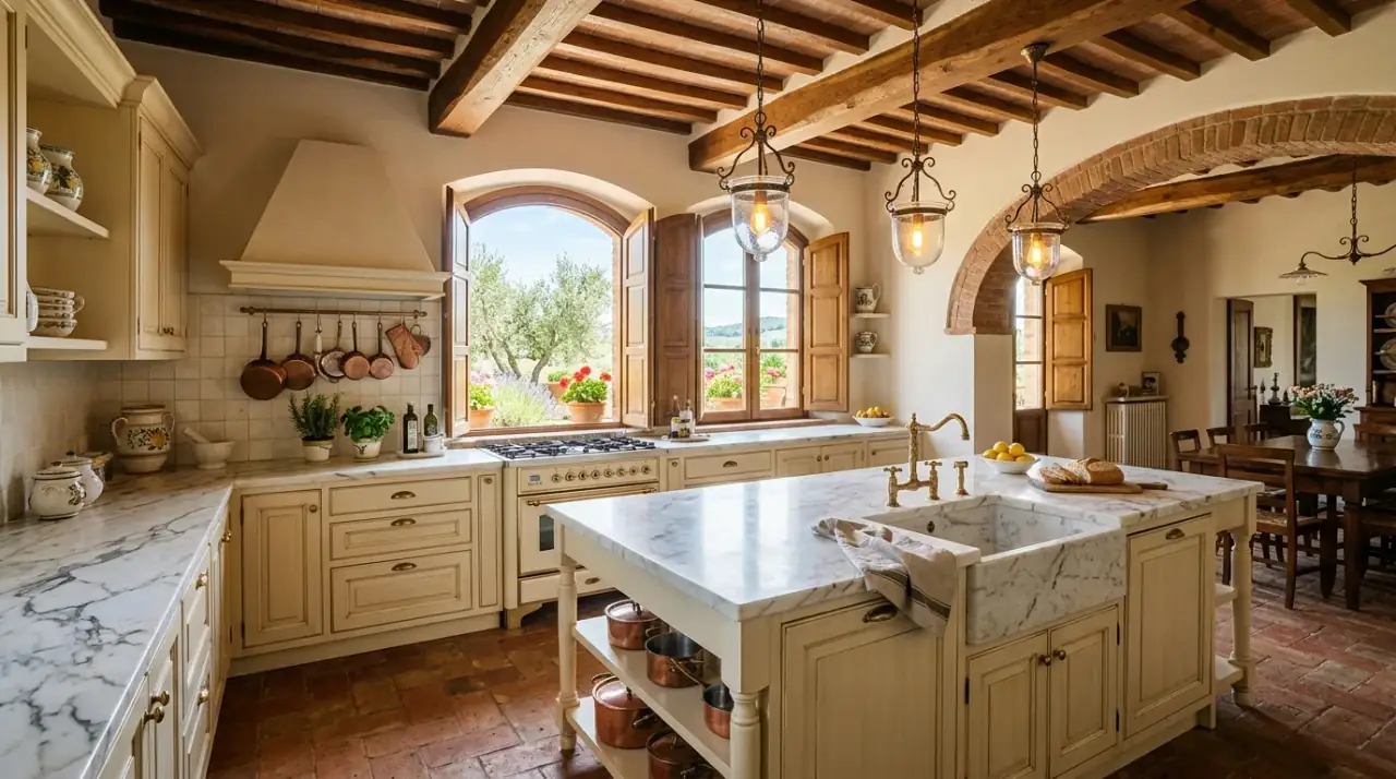 Elegant Italian kitchen with Mediterranean materials, warm stone, arches, and refined rustic charm.