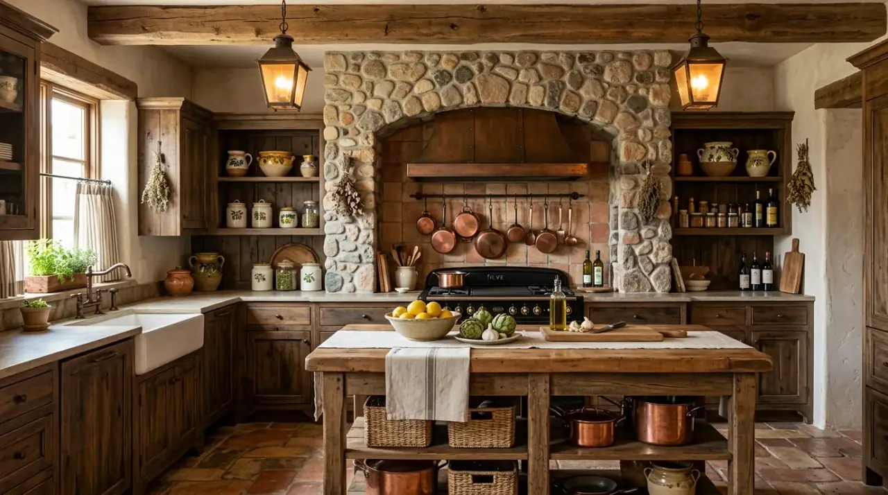 Italian plaster hood kitchen. Elegant plaster range hood creating a Mediterranean kitchen focal point.