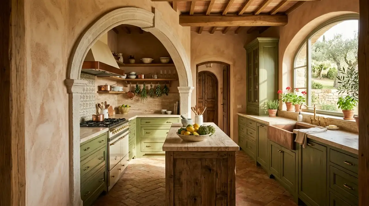 Arched Italian kitchen doorway. Mediterranean arch detail softening an elegant kitchen interior.