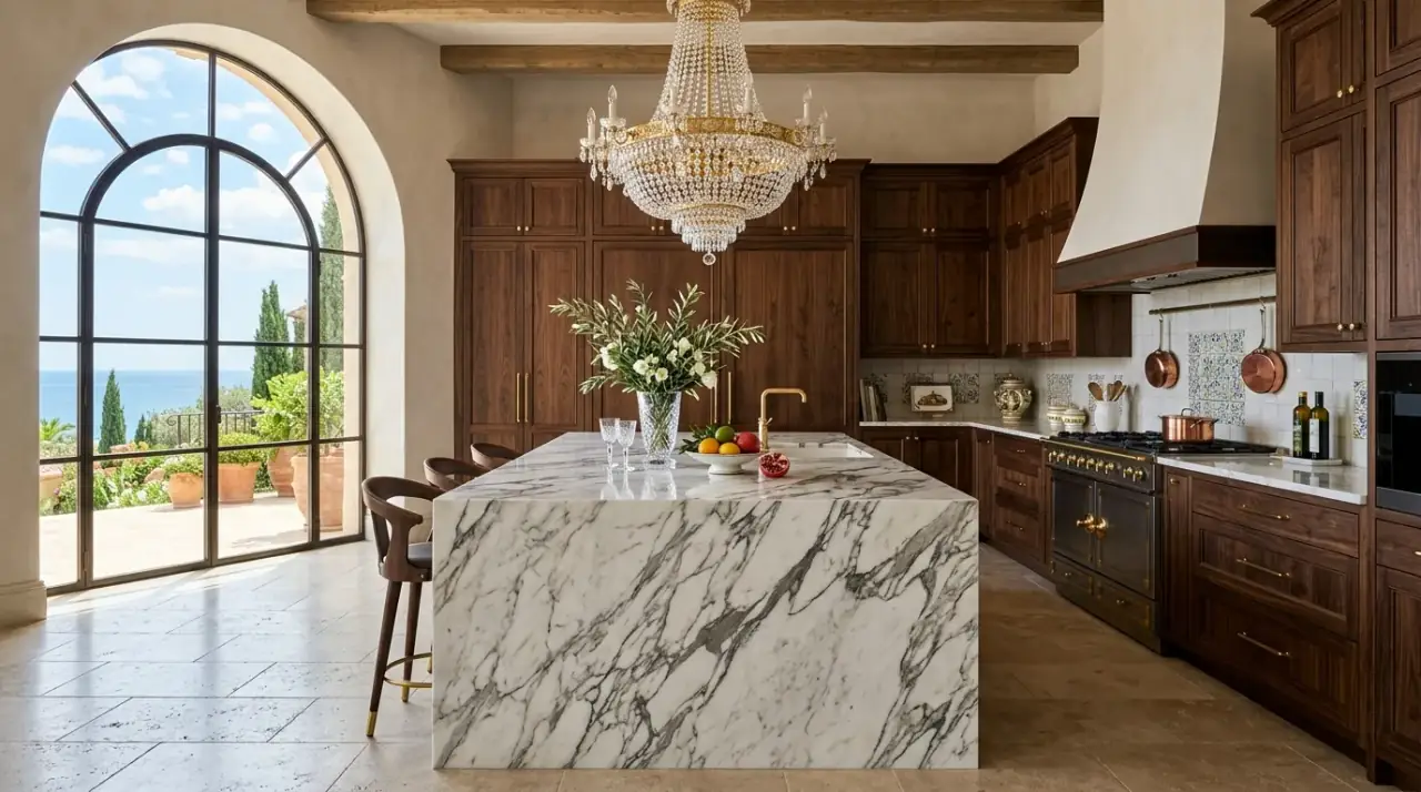 Plaster wall Italian kitchen. Creamy Mediterranean kitchen walls with soft textural depth.