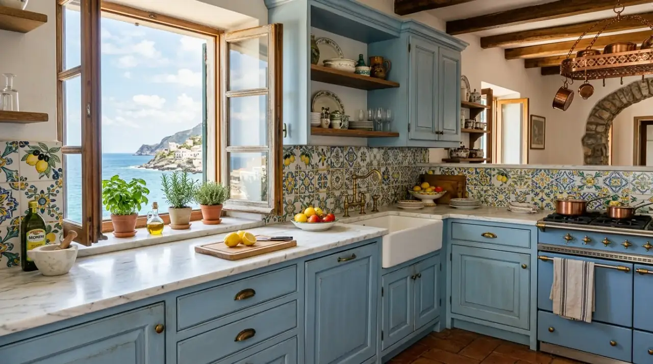 Italian kitchen shelves. Open shelving with pottery and olive-toned accents in a Mediterranean kitchen.