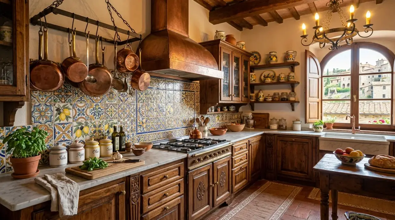 Italian farm table kitchen. Mediterranean kitchen centered around a generous communal table.