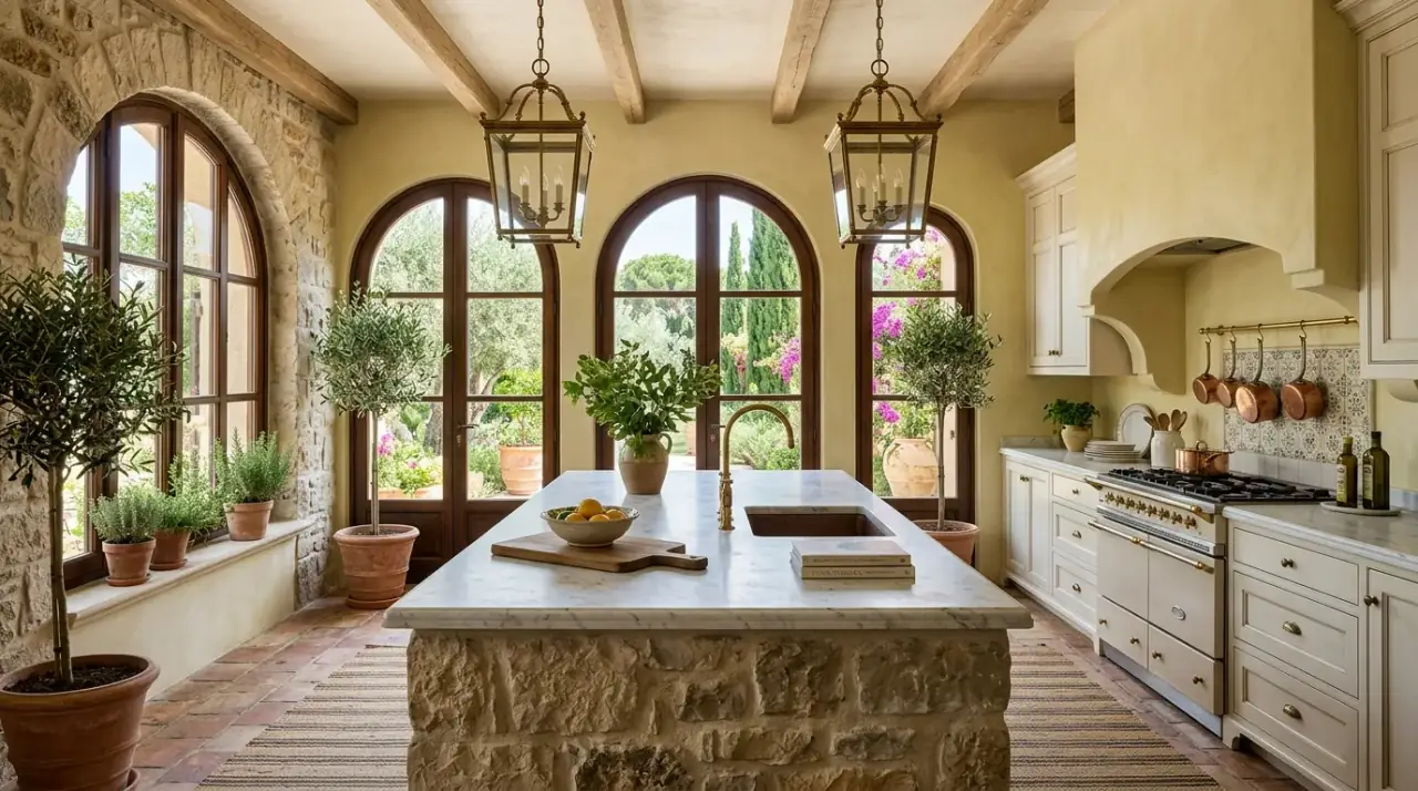 Terracotta Italian kitchen. Earthy clay accents warming an elegant Mediterranean-style kitchen.