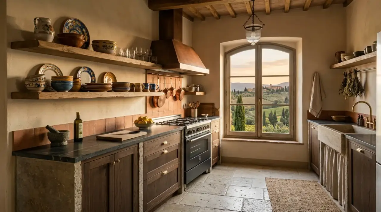 Italian kitchen dining textiles. Linen and upholstery softening a Mediterranean kitchen dining area.