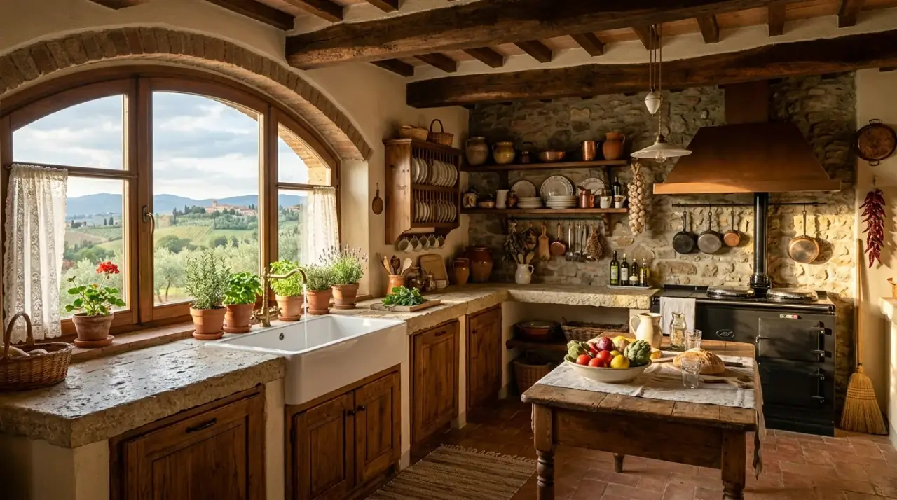 Italian kitchen overview. Elegant Mediterranean kitchen balancing old-world mood with daily function.