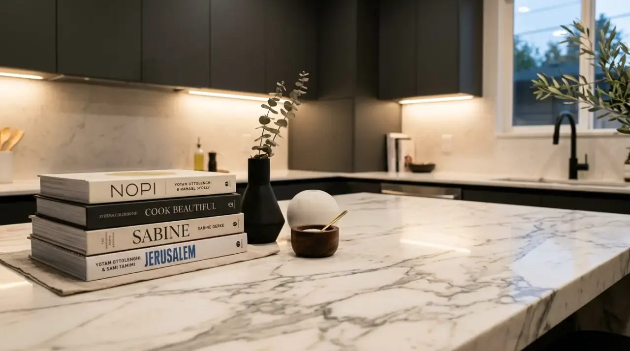 Cutting board counter decor. Polished kitchen counter decor with layered wooden cutting boards.