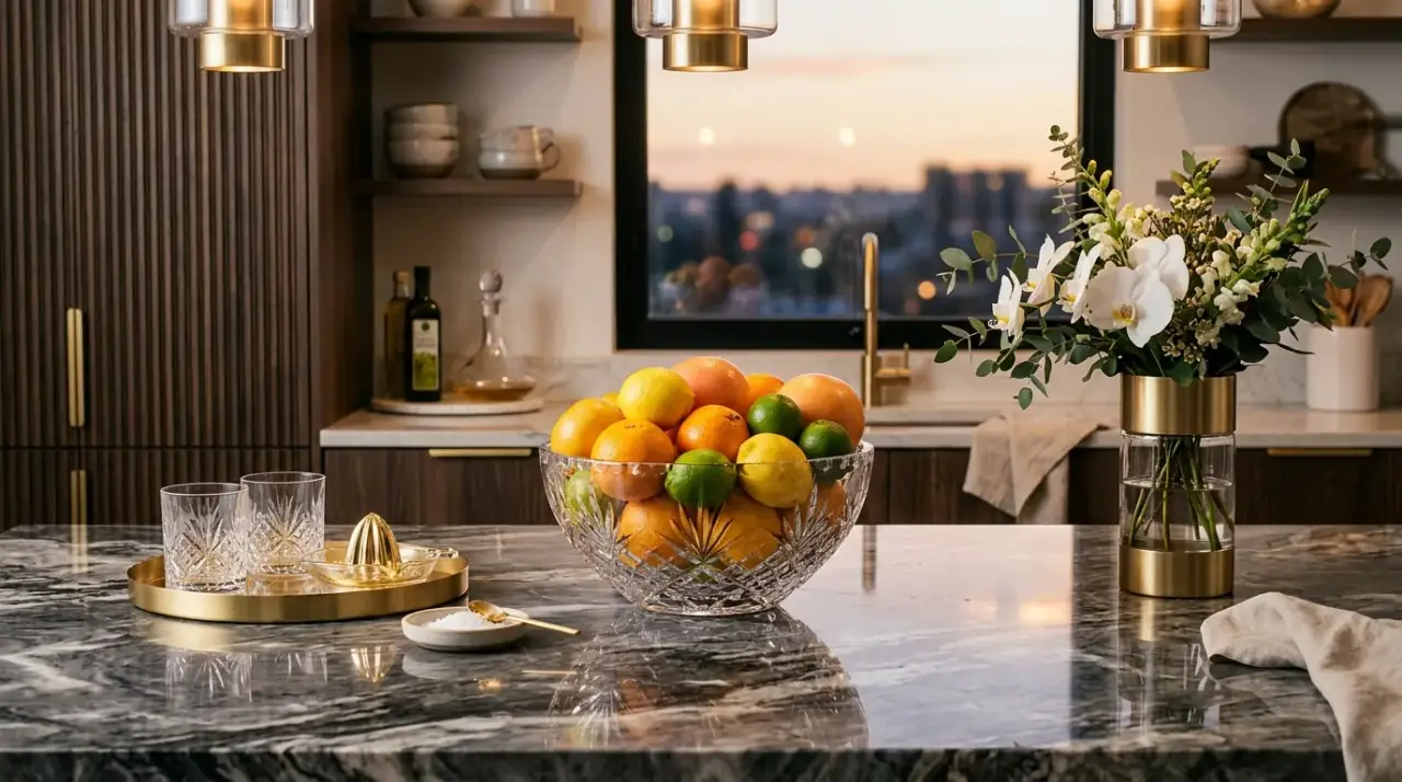 Styled countertop vignette. Elegant kitchen counter with one polished decor vignette and clear space.