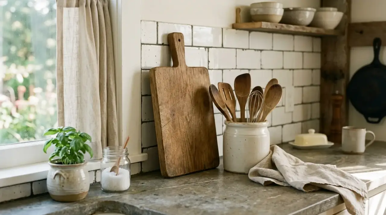 Ceramic vase on kitchen counter. Polished kitchen counter decor featuring a sculptural ceramic vessel.
