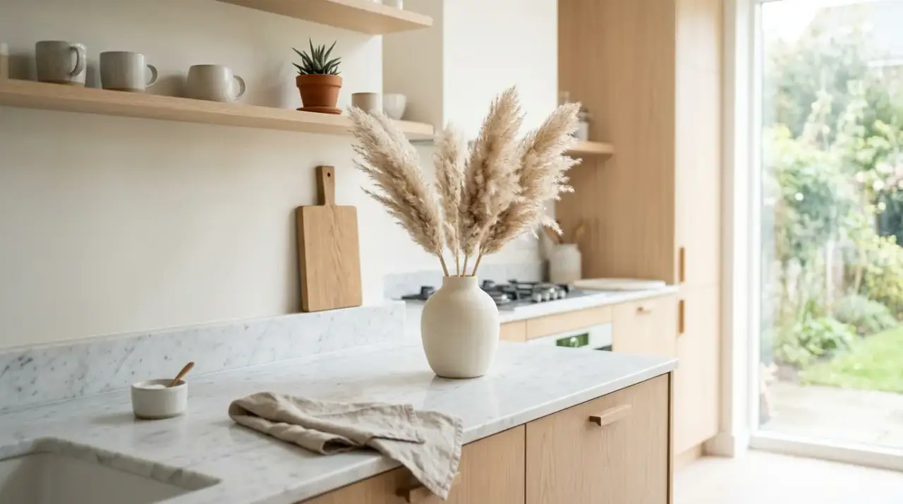 Greenery on kitchen counter. Elegant kitchen counter decor with fresh greenery and simple styling.