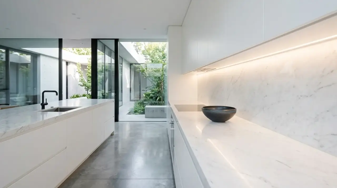 Neutral countertop decor palette. Elegant kitchen counter styling with cohesive neutral tones.