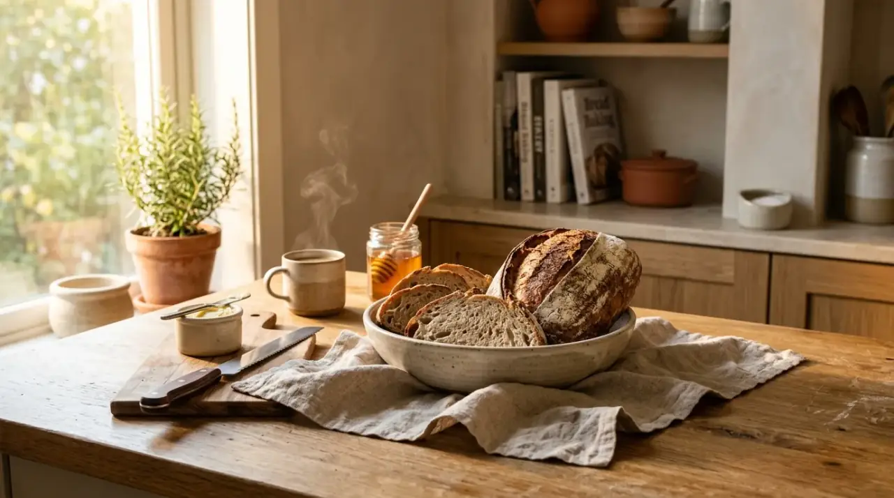 Artwork on kitchen counter. Polished kitchen counter decor with subtle framed artwork.