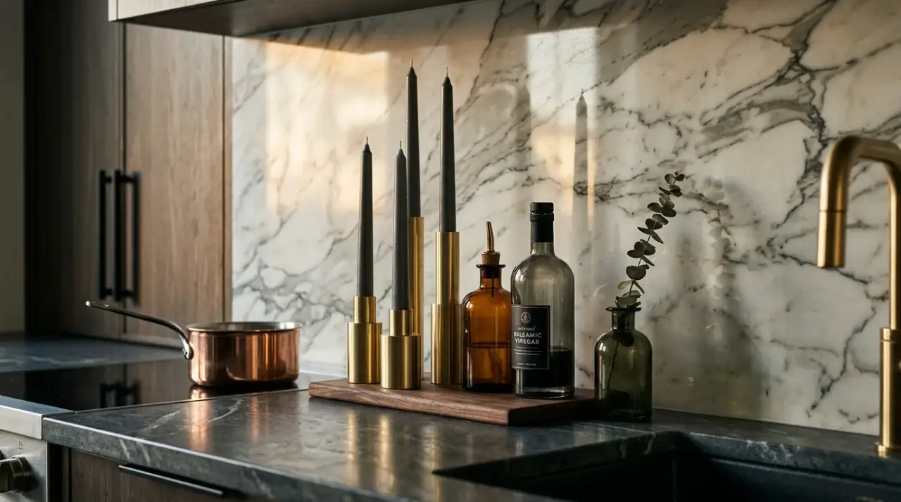 Edited kitchen counter styling. Elegant counter decor with clutter edited out for a polished result.
