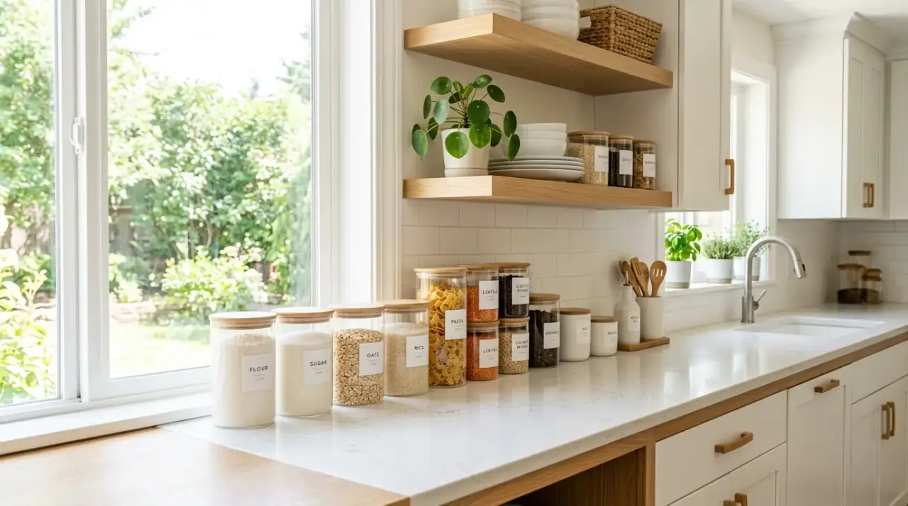Mixed material countertop decor. Polished kitchen counter decor balancing hard and soft materials.