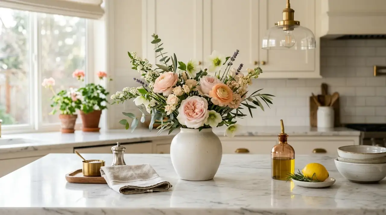 Back of counter styling. Elegant countertop decor arranged near the backsplash for better function.