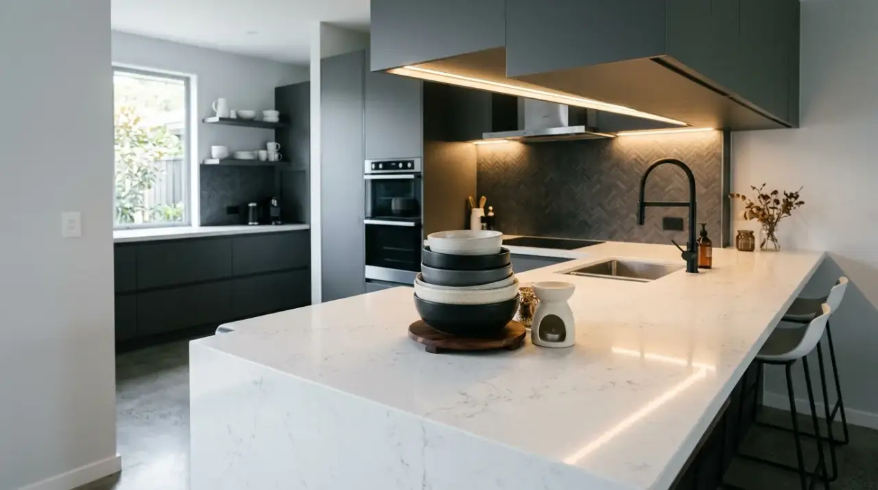 Polished counter decor overview. Elegant kitchen counter decor ideas creating a polished overall look.