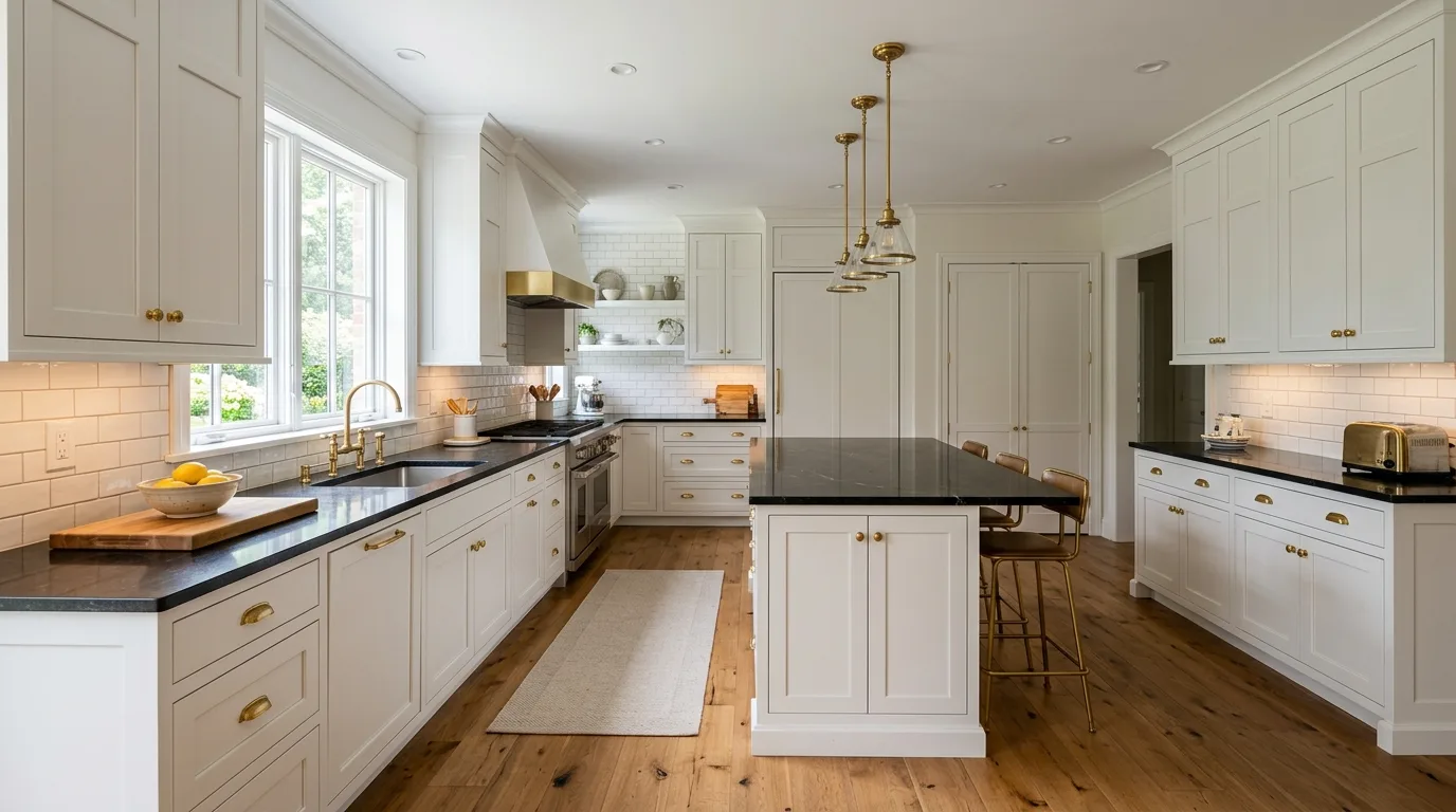 Elegant kitchen featuring black granite countertops and classic visual contrast.