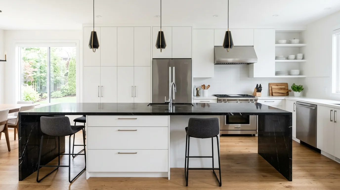 Cream kitchen cabinets with black granite. Warm elegant contrast using dark stone countertops.