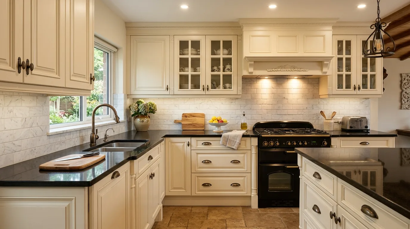 Wood kitchen with black granite countertops. Elegant classic kitchen with rich dark natural materials.