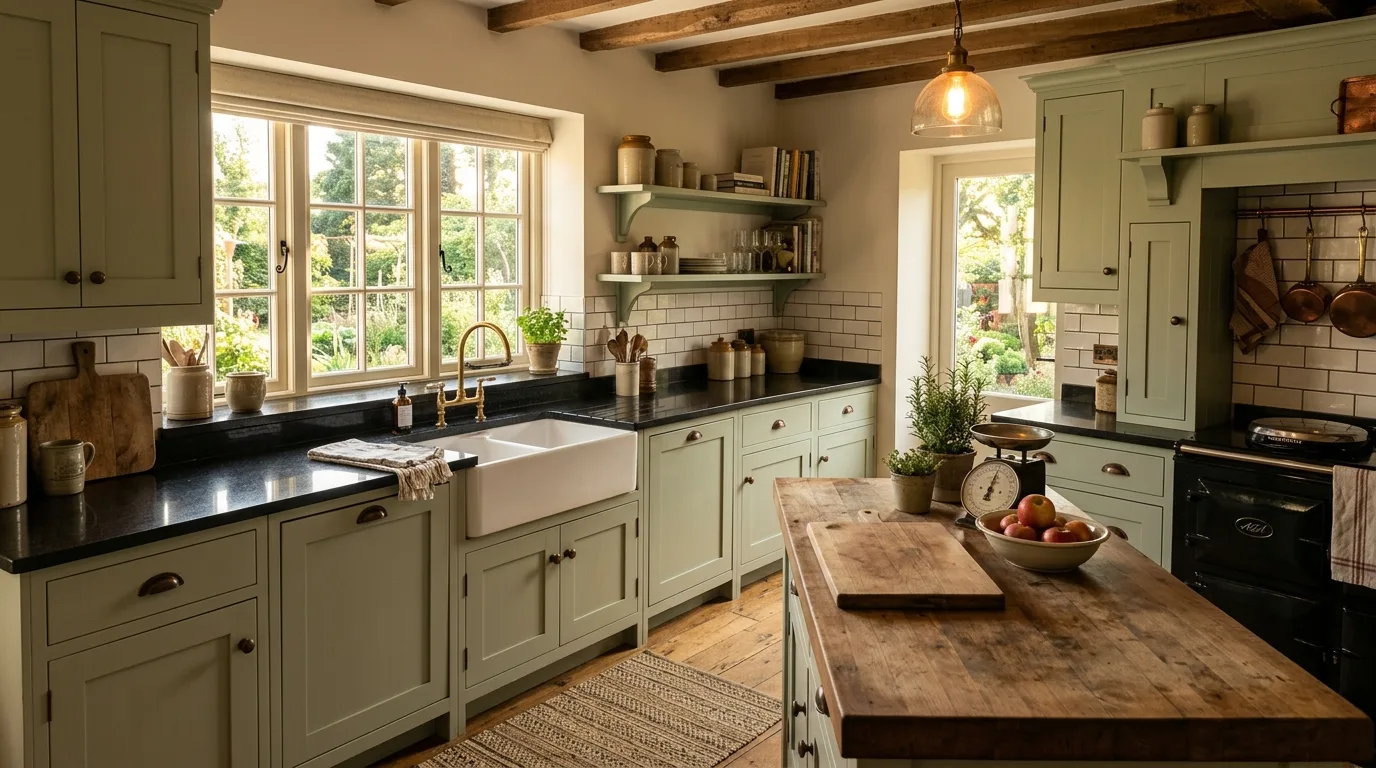 Black granite with brass hardware. Warm metallic accents highlighting dark elegant kitchen countertops.