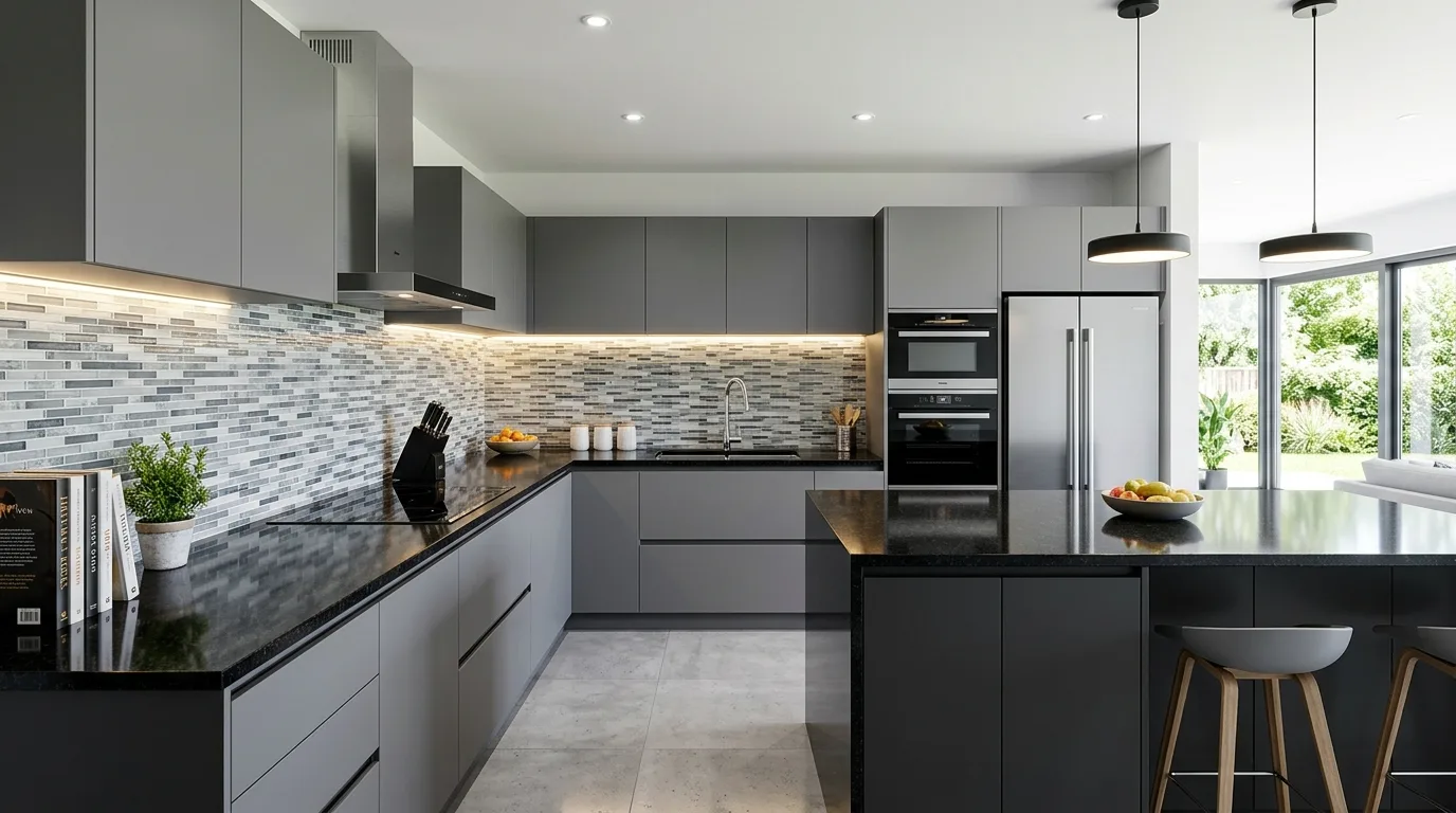 Grey kitchen with black granite countertops. Tailored elegant contrast in a modern neutral kitchen.