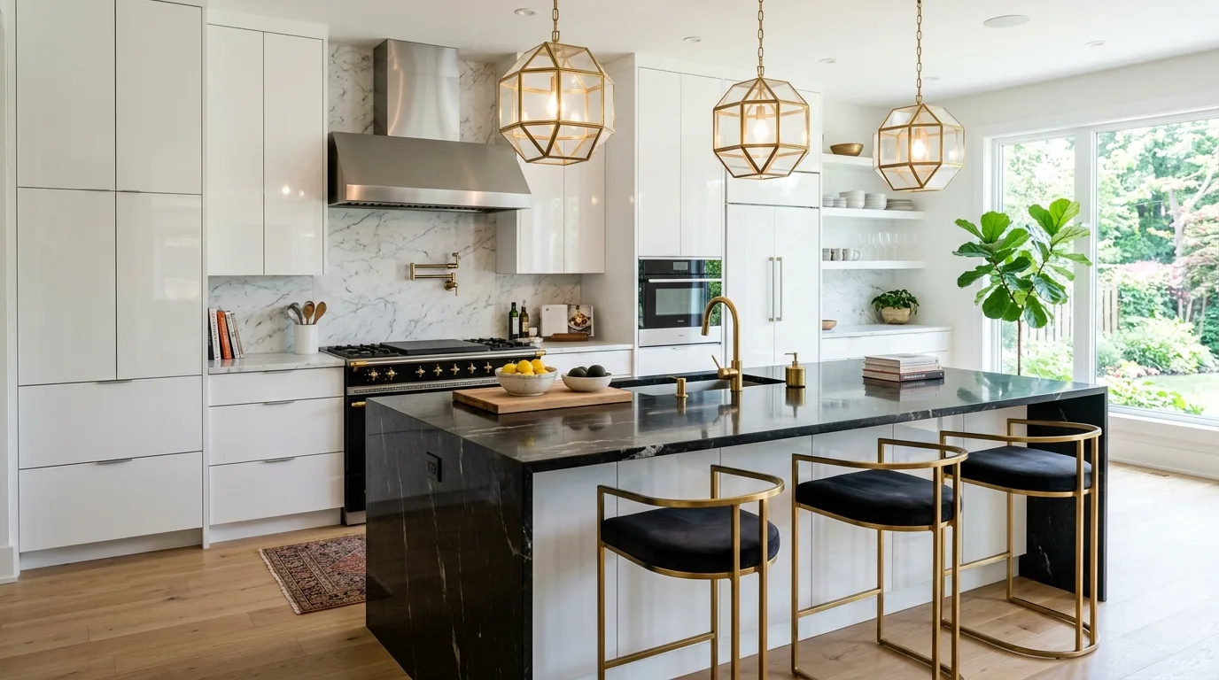 Matte cabinets with glossy black granite. Elegant kitchen contrast through finish as well as color.