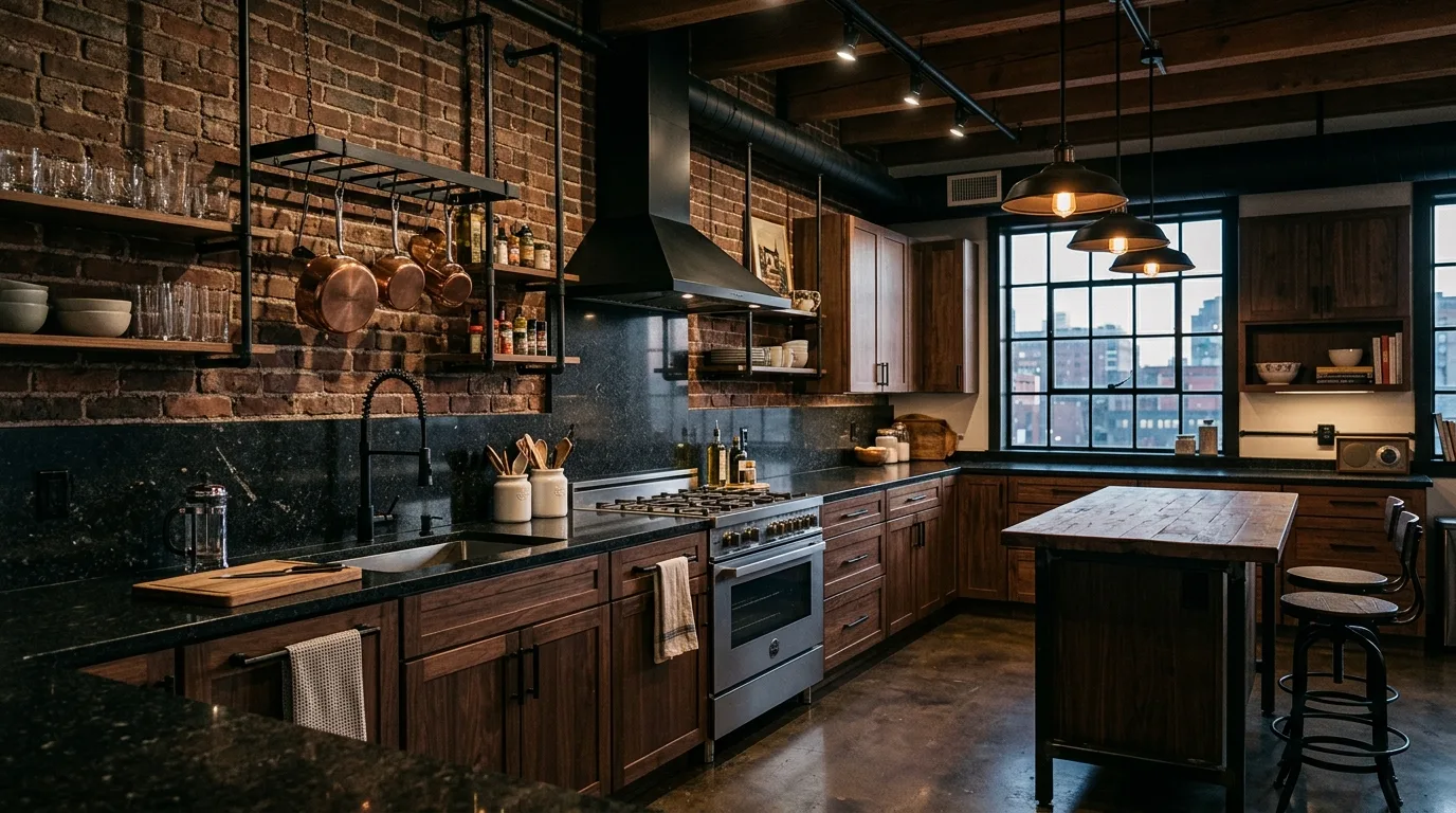 Black granite with white subway tile backsplash. Elegant classic kitchen brightened by crisp wall tile.