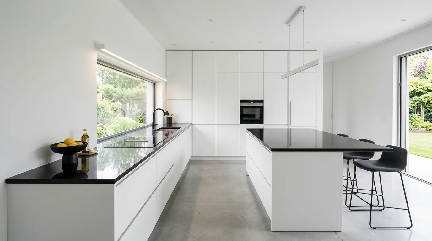 Black granite waterfall island. Statement dark stone centerpiece in an elegant kitchen.