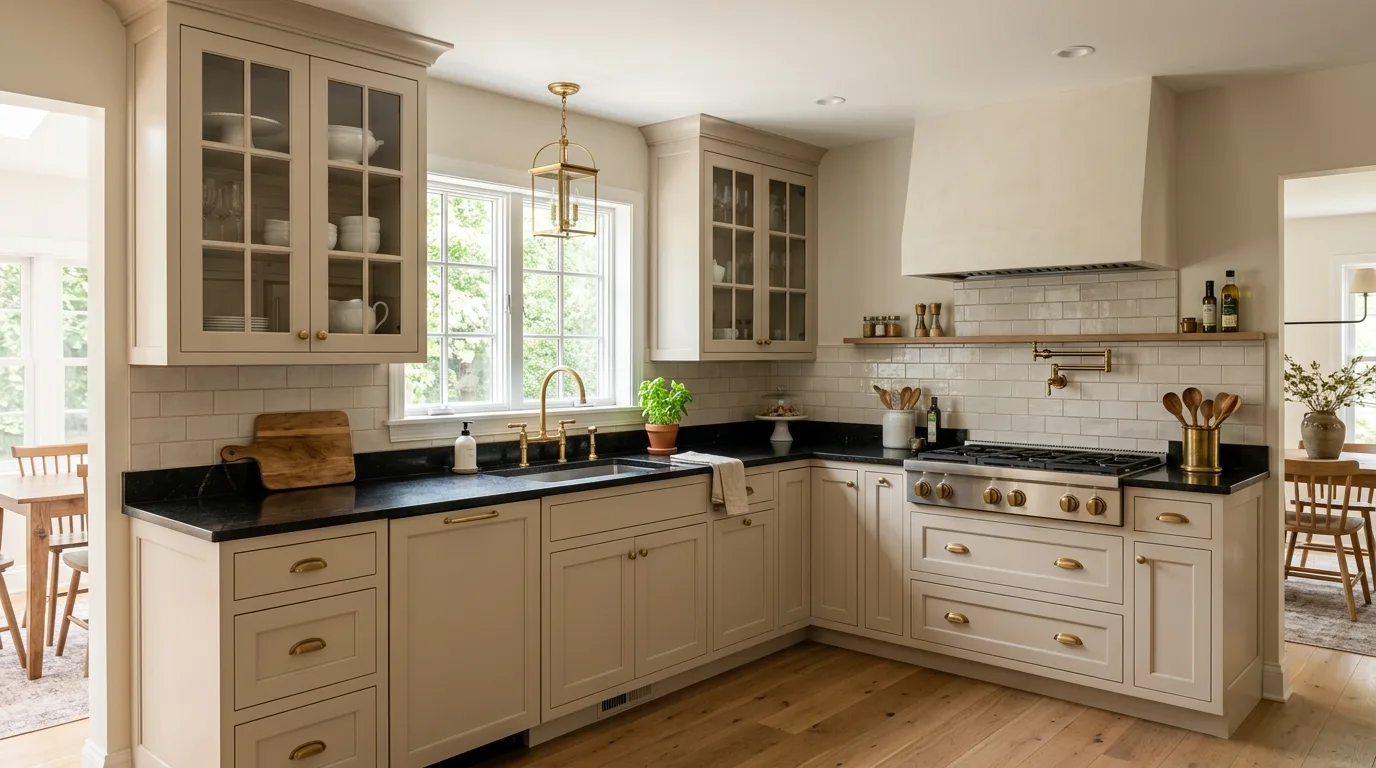Black granite countertops with wood floors. Warm classic kitchen with balanced natural and dark materials.