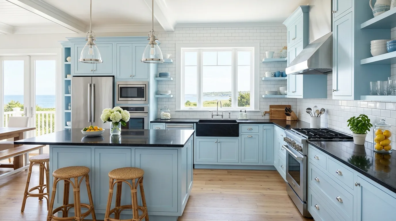 Open shelving above black granite countertops. Balanced elegant kitchen with lighter upper visual weight.