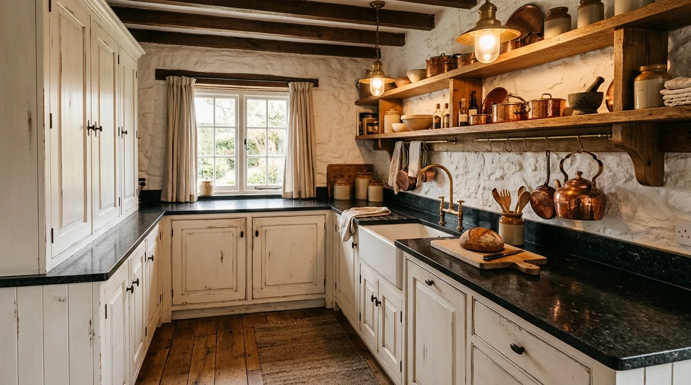 Monochrome kitchen with black granite countertops. Sharp elegant contrast using dark polished stone surfaces.