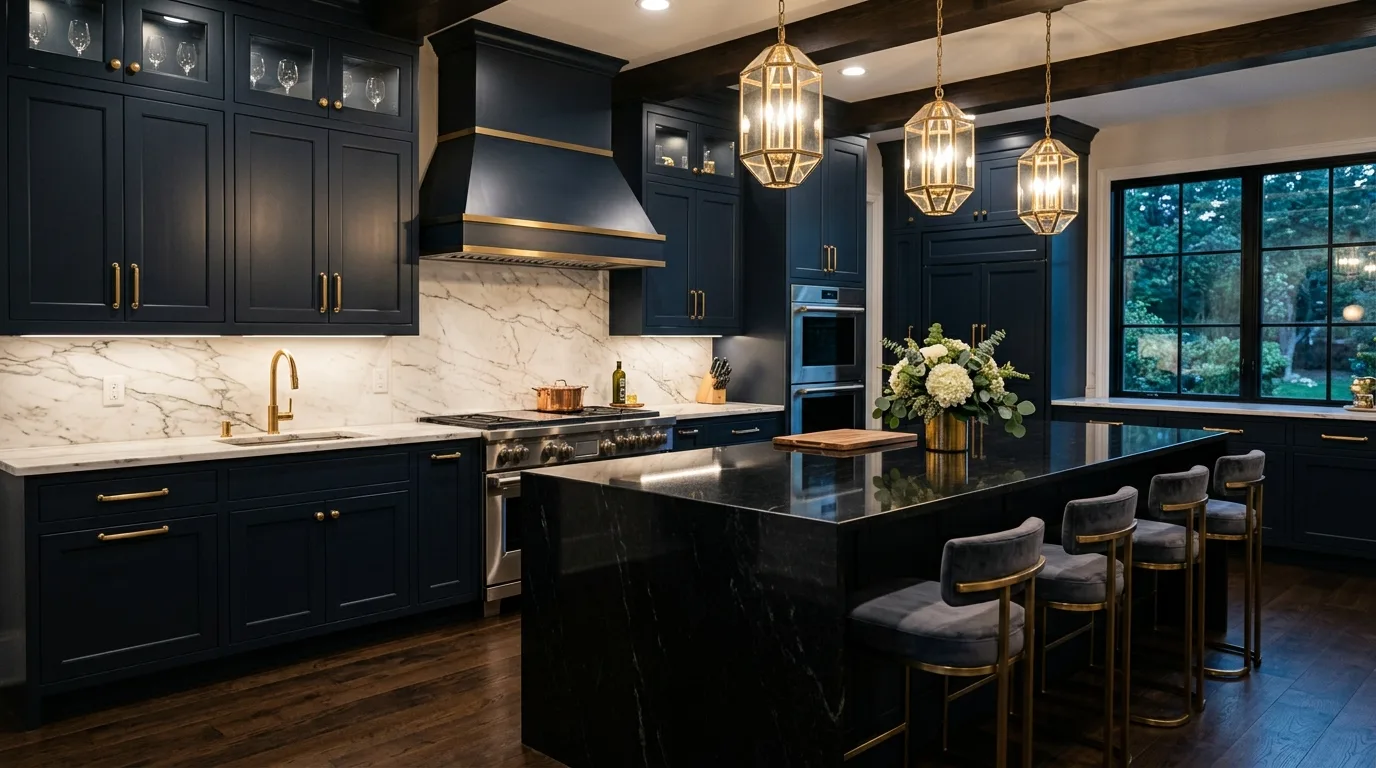 Leathered black granite countertops. Textured elegant stone adding softer dark contrast.
