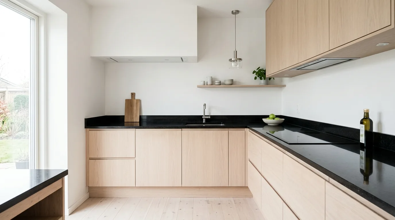 Black granite countertops in bright kitchen. Elegant dark stone highlighted by generous natural light.