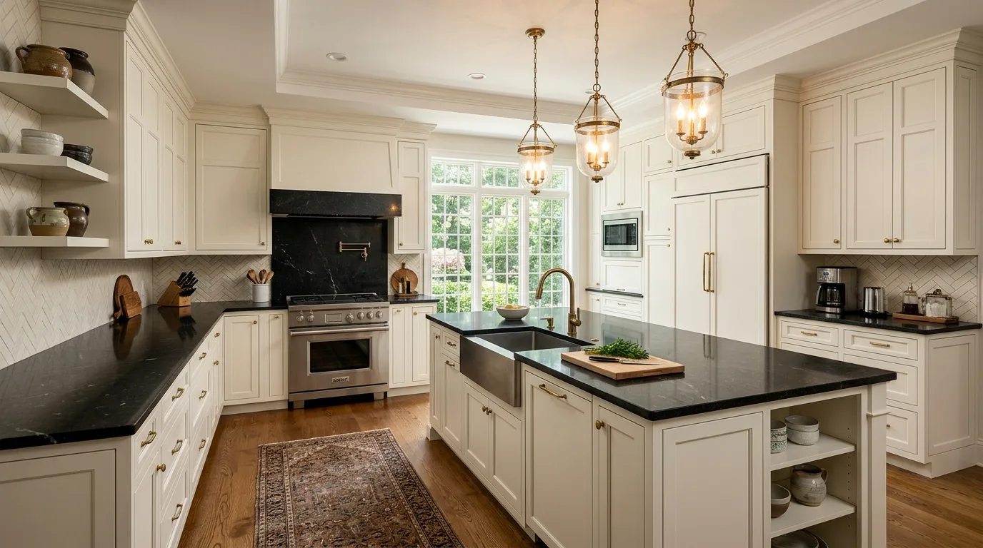 Black granite selected for whole kitchen design. Elegant countertop contrast integrated into a complete room palette.